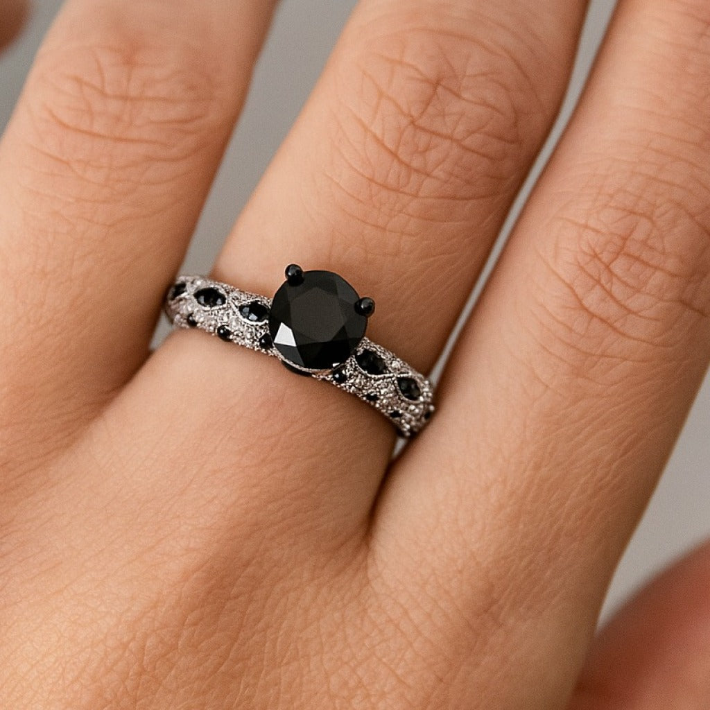 Vintage moissanite Black Diamond Engagement Ring