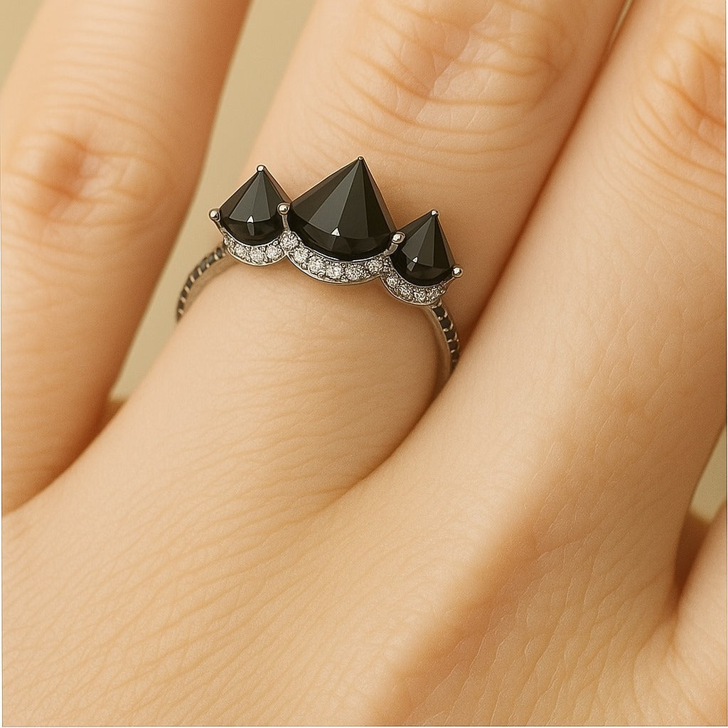 Triple moissanite Black Diamond Statement Ring