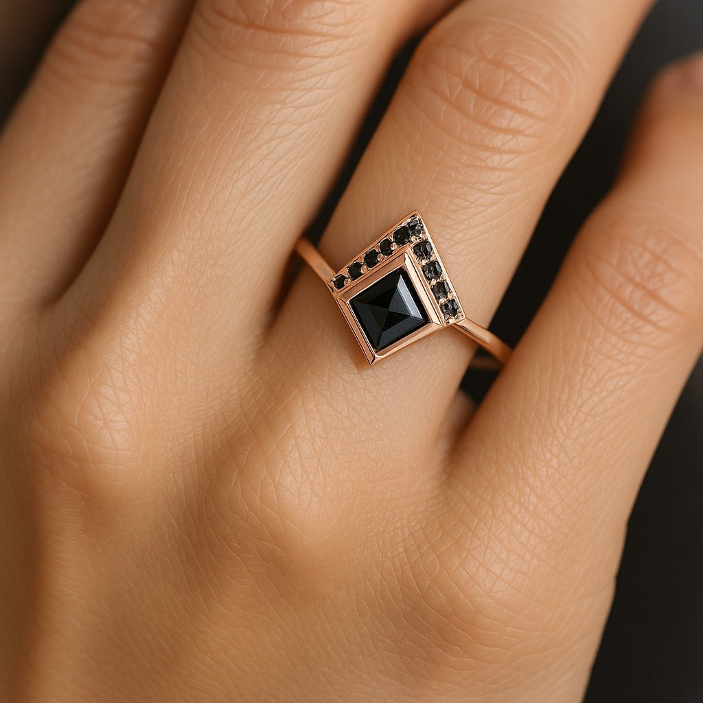 moissanite Black Diamond Rose Gold Ring